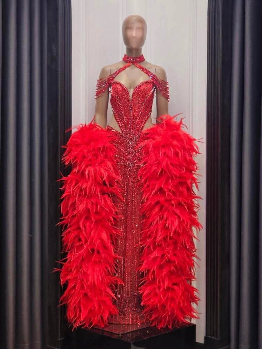 Elegant Red Feather-Trim Evening Gown